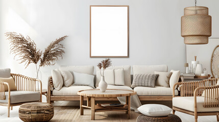 Elegant composition of living room interior with mock up poster frame beige modular sofa wooden coffee table slippers rattan armchair braided plaid and personal accessories Home decor  : Generative AI