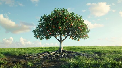 apple tree with roots in the ground, illustration in the style of nature. The tree has branches reaching up with leaves and red apples.
