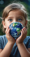 Child Holding the green planet Earth, environment concept for climate awareness