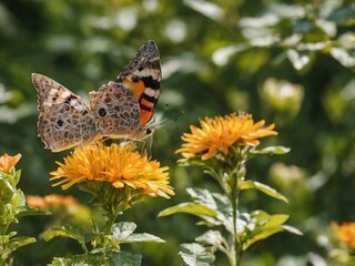 Obraz premium A delicate butterfly alights on a blooming flower, its vibrant hues contrasting against the soft petals, a fleeting moment of natural beauty.