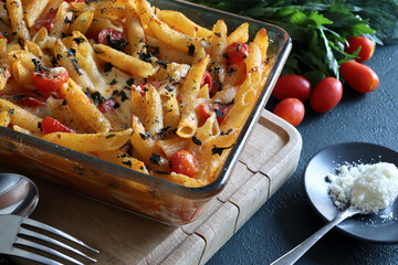 Pasta al forno con salsa di pomodoro e basilico su uno sfondo grigio. Concetto di cibo italiano....