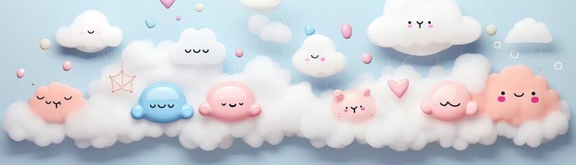 A playful arrangement of cloud icons crafted in soft pastel felt, laid out on a textured white fabric, suitable for educational and soft tech visuals