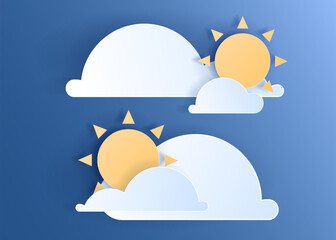 Paper cut weather element of clouds and sun on blue sky background. Forecast white cloud icon symbol collection. 3D Papercraft frame icon for posters and flyers, presentation, web, social media, desig