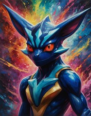 Cat-like comic book hero or villain with very large ears and fierce orange eyes trading card game character vibrant explosive background colors