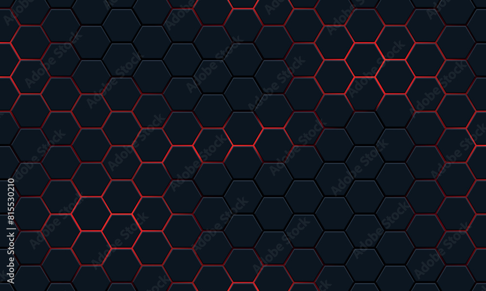 Wall mural dark hexagon pattern on red neon background. modern geometric shapes technology style.