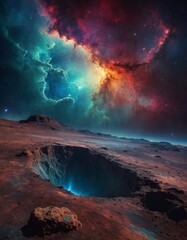 Mysterious alien planet with strange glowing blue energy emanating from inside the planet and a vibrant cloudy nebula galaxies and stars