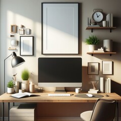 A computer on a desk office work room with a chair and a lamp image art lively card design.