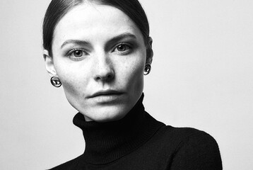A beautiful red-haired girl with freckles posing in the studio . grain effect used