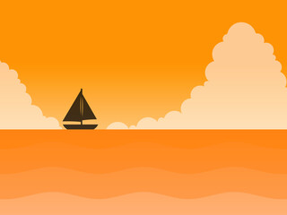 グラデーション空と海とヨットと積乱雲背景A：夕方