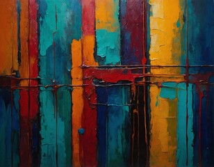 Abstract oil colorful paneled painting rectangular design painted fence bright vibrant primary colors