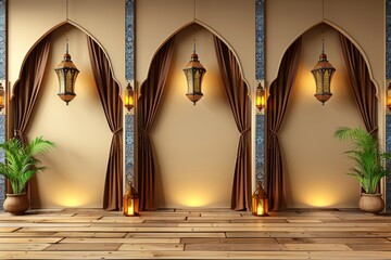 Elegant ramadan kareem  abstract islamic interior with lanterns, arches, doors, and greenery