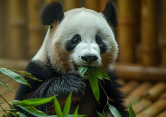 Obraz premium Close-up of a Panda Eating Bamboo with Detailed Black and White Fur, Holding a Leaf and Biting Another Piece in a Natural Setting 