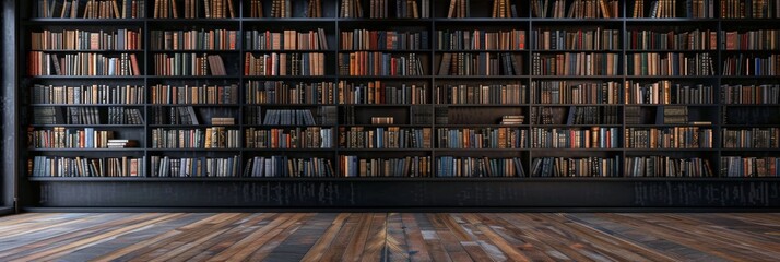 dark black library wall with many books, empty wooden floor.