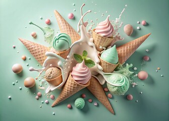 An abstract composition with melting ice cream. Splash and splash of ice cream. Still life with an image of an overturning ice cream cone on a green background.