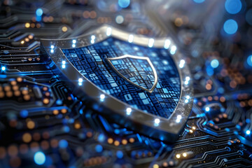 Bold Antivirus Logo with Shield Motif and Digital Elements