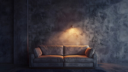 Gray velour sofa in a dark room the bright light from eternal light and artificial fireplace Interior loft with concrete walls : Generative AI