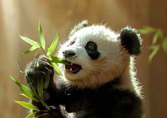 Close-up of a Panda Eating Bamboo with Detailed Black and White Fur, Holding a Leaf and Biting...