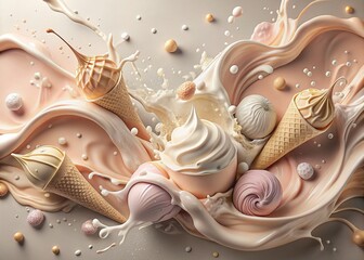 An abstract composition with melting ice cream. Splash and splash of ice cream. Still life with the image of an overturning ice cream cone on a pale pink background.