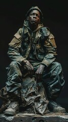 A post-apocalyptic survivor sits on a pile of rubble.