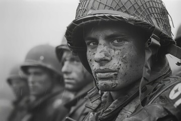 Black and white portrait of a soldier with a helmet and face paint