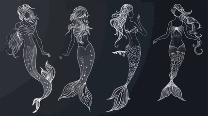 Mermaid in various postures hand drawn contour illustration