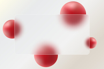 Glass morphism landing page with frame. Illustration with blurry floating red spheres.