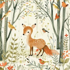 Illustration of a baby deer, fox, and birds in a serene forest setting, hand-drawn for use in kids' room wallpaper or wrapping paper, seamless pattern