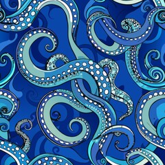 Seamless pattern of intricate octopus tentacles in shades of blue, Generative AI