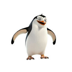 A penguin is standing on a white background with a smile on its face