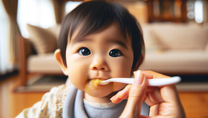 離乳食を食べる日本人の赤ちゃん