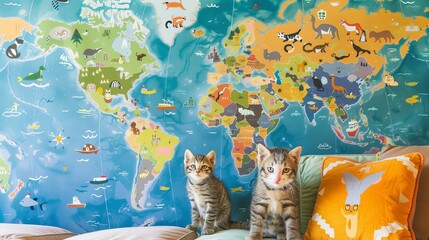 Nursery-ready world map, hand-drawn with cartoon foxes in Europe and tigers in Asia, creating a playful and educational setting