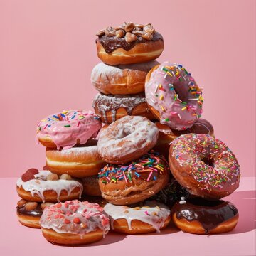 Colorful assorted donuts stack on pink background, glazed doughnuts with sprinkles and icing, sweet bakery dessert food