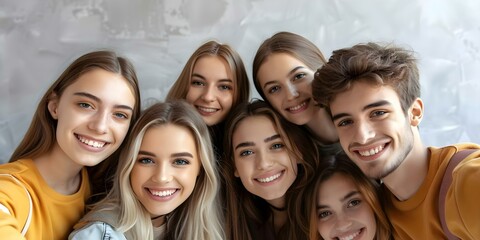 Obraz premium Six happy college friends taking a highangle selfie against a plain background. Concept Friendship, College Life, Selfie, Group Photo, Plain Background