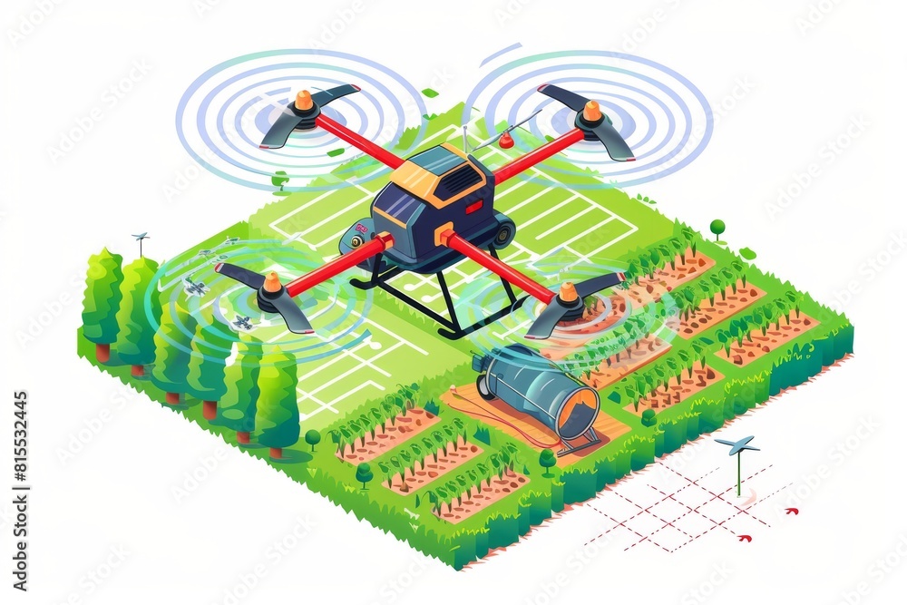 Poster advanced drone technology integrates aerial views and smart farming techniques for precise crop trea