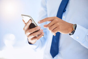 Businessman, smartphone and hands in office with browsing for contact with technology in corporate company. Digital, social network and online with connect or email with entrepreneur in agency.
