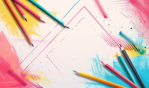 colorful background with pencil strokes and geometric shapes