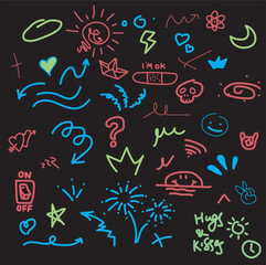 
Hand drawn set elements, abstract arrows, ribbons, hearts, stars, crowns and other elements in hand drawn style for concept design. Scribble illustration. Vector illustration.
