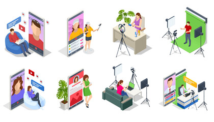 Isometric Display of camera recording video blog for blogger woman or man at home studio. Influencer vlogger. Video channel online. Online education