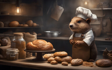Baker beaver in an apron, with freshly baked goods. Homely and industrious