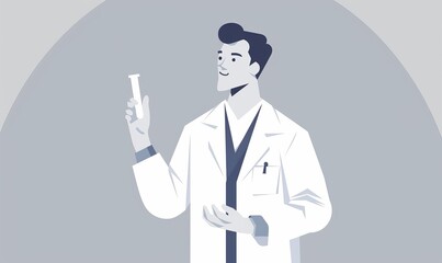 Minimalist UI illustration of a handsome young doctor holding a syringe in a white coat on a grey background