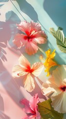 Flowers and Leaves on Artistic Pastel Background