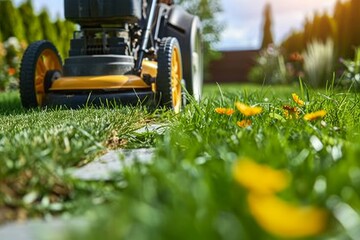 Closeup man using lawn mower cutting grass with gardening