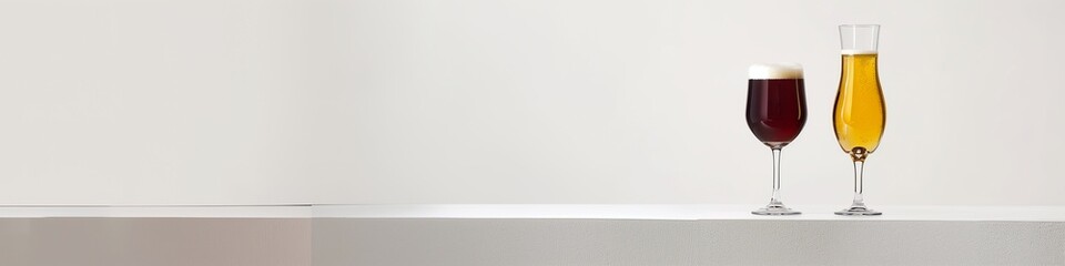 Beer and wine glass on a white background with copy space generated by AI.