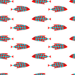 Red and blue fish. Marine underwater sea animal seamless pattern, watercolor art in ocean kids style, for decorating children room, package, scrapbook, school, nursery, invitation, print, postcard