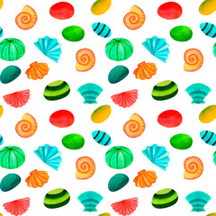 Doodle seashells and stones. Marine underwater sea animal seamless pattern, watercolor art in ocean kids style, for decor children, package, scrapbook, school, nursery, invitation, print, postcard