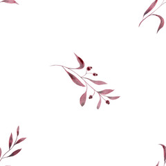 Fototapeta premium Monochrome burgundy twigs with leaves and berries. Seamless pattern on a white background. Hand drawn watercolor illustration. For design, fabrics, textiles, wallpaper, prints, wrapping paper