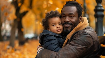 Fototapeta premium Black father and child hugging, sitting on bench in autumn park. Father Day, Children Day, parenting