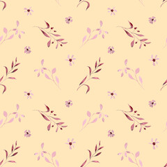 Monochrome burgundy twigs with leaves, berries and flowers. Seamless pattern on a yellow background. Hand drawn watercolor illustration. For design, fabrics, textiles, wallpaper, prints