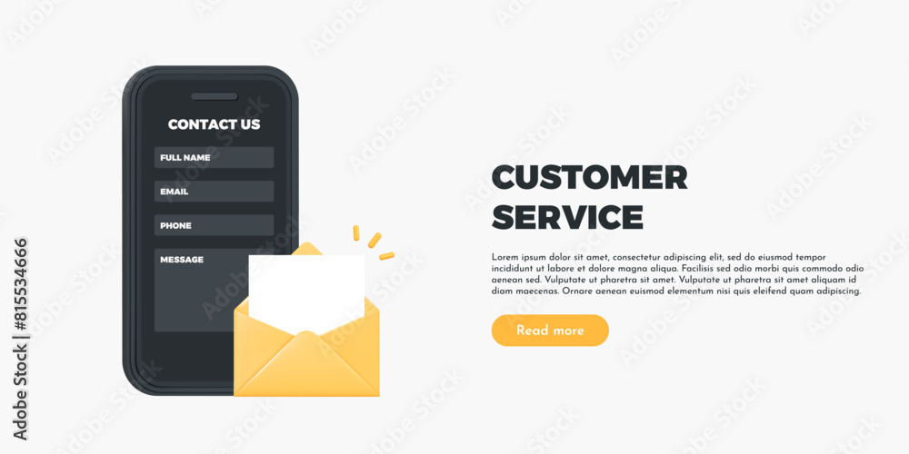 Poster 3d customer service landing page. phone with open envelope and form for contacting support service. 