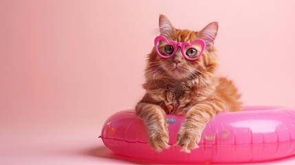 A cat wearing pink sunglasses is sitting on a pink inflatable pool